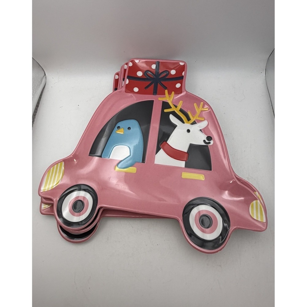 Target Wondershop Pink Christmas Car Shaped Melamine Dinner Plates Set of 4
